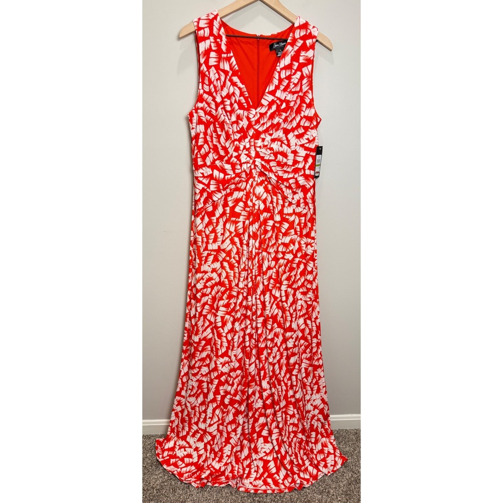 NWT Jessica Howard 14 Pleated Front Maxi Dress Sleeveless Red White Print Jersey